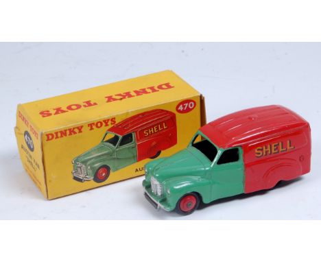 A Dinky Toys No. 470 Shell BP Austin delivery van comprising green & red body with red hubs in the original all-card box, som