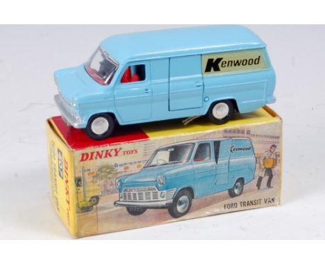A Dinky Toys No. 407 Kenwood Domestic Appliances Ford Transit van, comprising light blue body with red interior, and Kenwood 