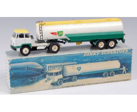 A French Dinky Toys No. 887 Shell BP air fuel articulated tanker comprising white and green cab with yellow roof, white yello