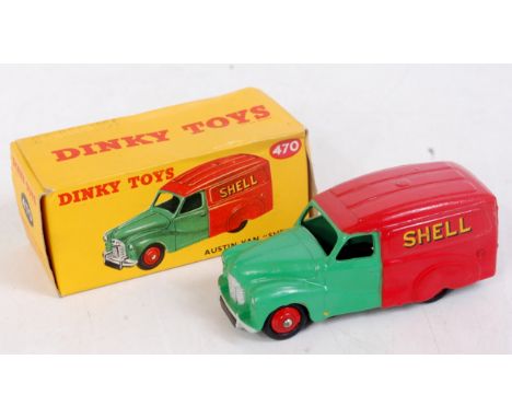 A Dinky Toys No. 470 Shell BP Austin delivery van comprising green and red body with red hubs in the original all-card box, b