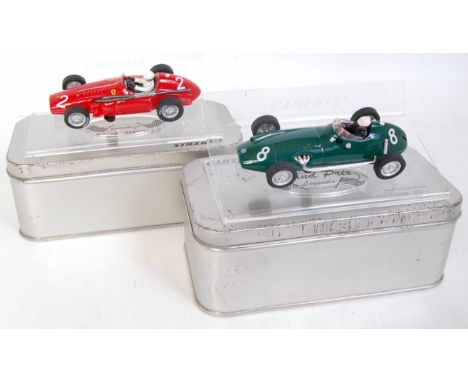 Cartrix Classic Collection 1/32nd scale slot car group, 2 tin cased examples, to include 1957 BRM P25 and a 1955 Ferrari 555 