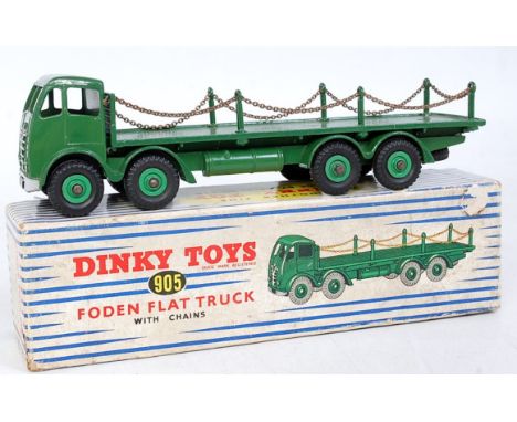 A Dinky Toys No. 905 Foden flat truck with chains, second type cab, all green body with green hubs, some minor touching-in to