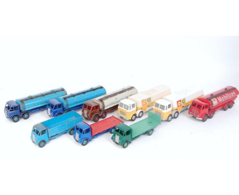 Nine various playworn and repainted Dinky Toys commercial vehicles to include Foden 8-wheel tanker, Leyland Octopus BP tanker