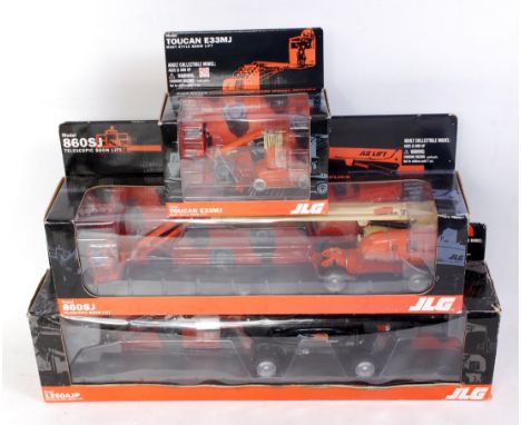 Three boxed 1/32 scale JLG branded boom lift and boxed boom lift diecast group to include a JLG Toucan E33MJ mast style boom 