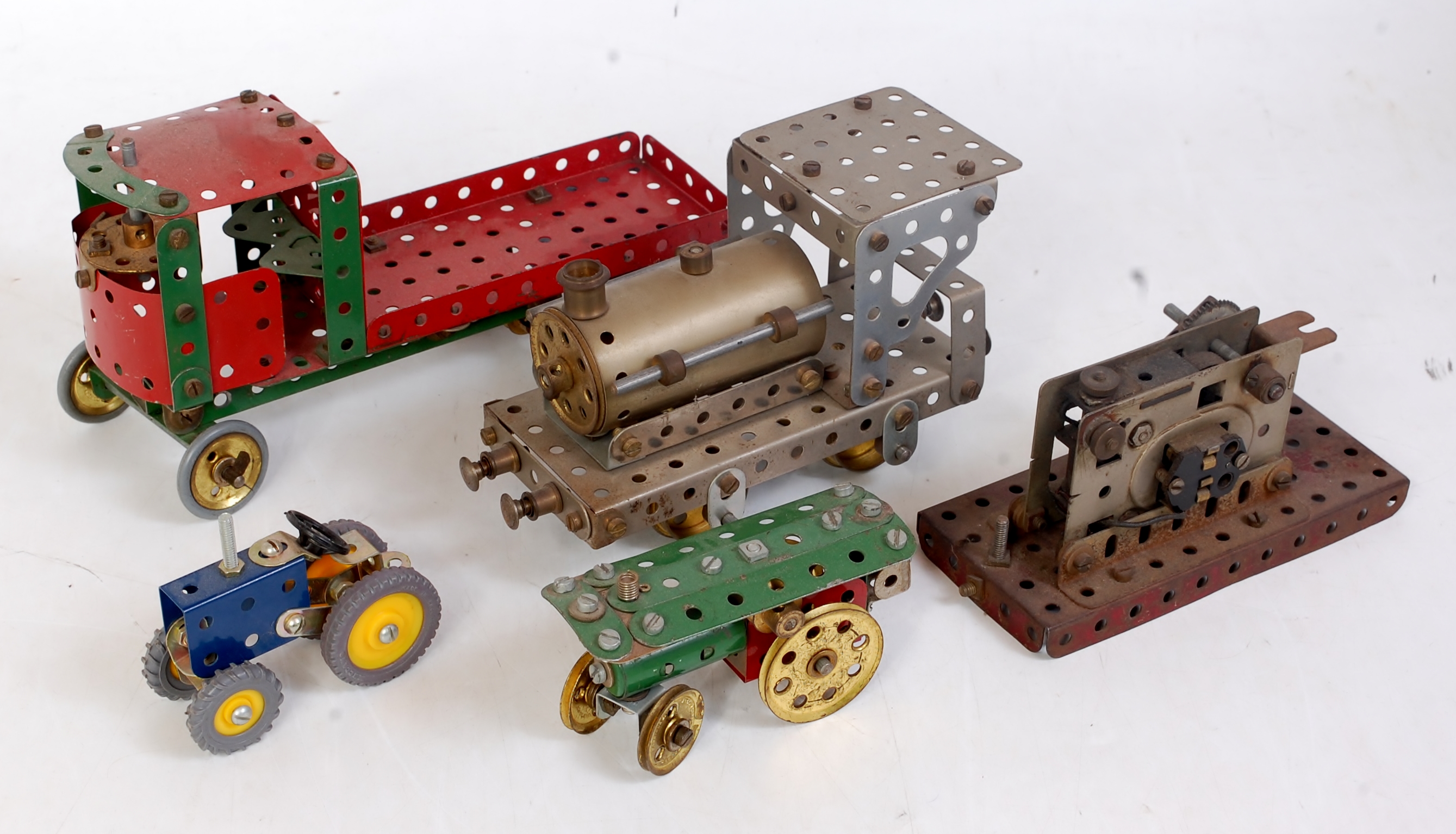 Five various home built Meccano models to include an 0-4-0 steam ...