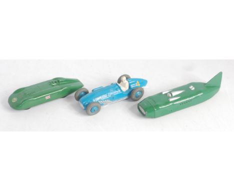 A Dinky Toys loose racing car and high speed record car diecast group, three examples to include No. 23S Streamlined Racing C