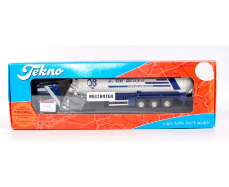 A Tekno 1/50 scale model of a Scania 420 with J de Bruyn of Holland tanker trailer finished in white and metallic blue, model