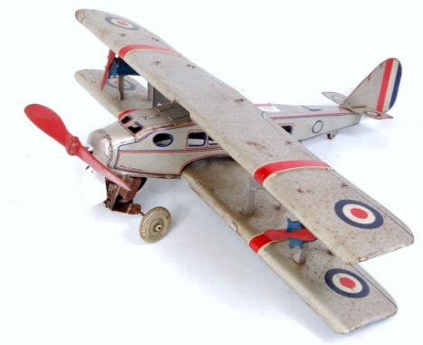 Mettoy, 1930s issue RAF bi-plane comprising of large tinplate bi-plane to measure 50cm length and 54cm wingspan, with operabl