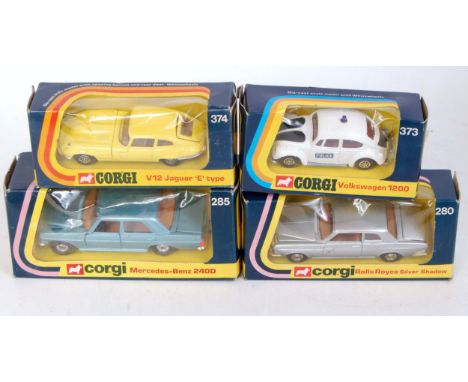 Four various window boxed Corgi Toys diecast vehicles to include No. 280 Rolls Royce Silver Shadow, No. 374 V12 Jaguar E-type