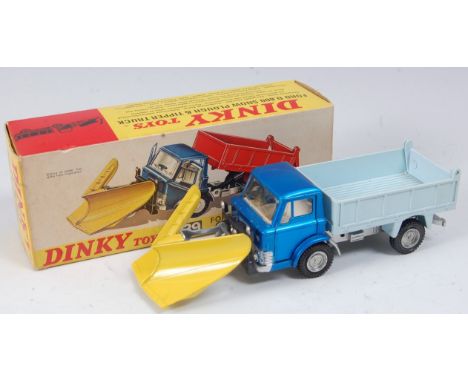 A Dinky Toys No. 439 Ford D800 Snowplough and tipper truck comprising dark metallic blue cab with silver chassis and light bl