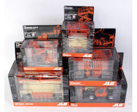 Five various boxed as issued JLG (The Power to Do More) boxed construction vehicles and telehandler group, all 1/32 scale to 