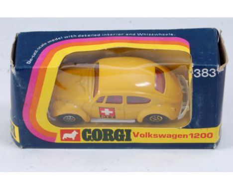 A Corgi Toys No. 383 Volkswagen 1200 PTT Beetle, Swiss issue, comprising yellow body with red interior and PTT transfer to do