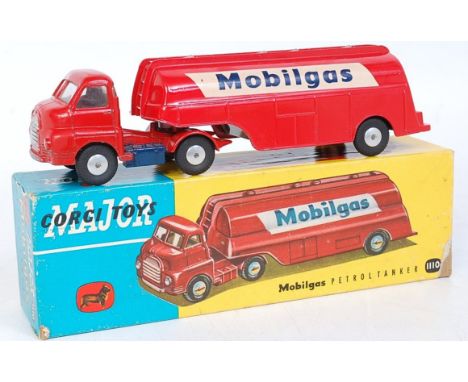 A Corgi Toys No. 1110 Mobil Gas petrol tanker comprising red cab and red tanker bank with spun hubs, with Mobil Gas livery, p