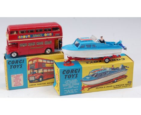 A Corgi Toys boxed diecast group to include No. 468 London Transport Routemaster bus comprising red body with spun hubs and O