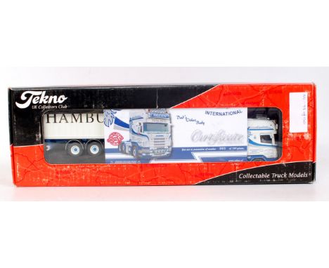 A Tekno 1/50 scale model of a Scania 420 Topline with 40' Hamburg container load finished with Kenny Ferguson & Sons Haulage 