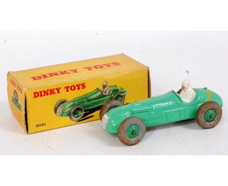 A Dinky Toys No. 23J HWM racing car comprising light green body with green hubs and racing No. 7  in the original all-card bo