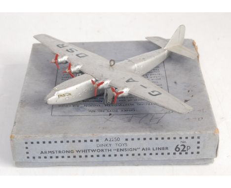 A Dinky Toys No. 62P Armstrong Whitworth Ensign Airliner, comprising silver body with 4x 3-blade red propellers, in the origi