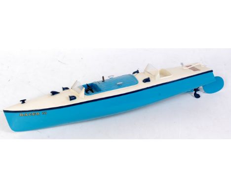 A very nicely restored Hornby Speedboat Racer 3 fully repainted and reconditioned comprising of two-tone blue body with cream