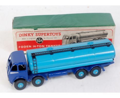 A Dinky Toys No. 5045 Foden tanker comprising two-tone blue body with light blue hubs, in the original green labelled all-car