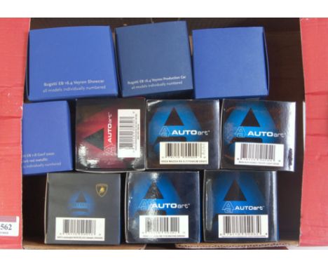 Six various plastic cased Auto Art 1/43 scale diecast vehicles to include Bugatti EB16.4 Veyron show car, Mercedes Benz 500 S
