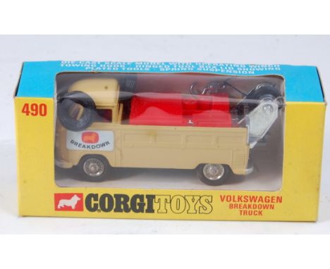 A Corgi Toys No. 490 Volkswagen breakdown truck comprising light olive green body with red interior and flat bed load, breakd