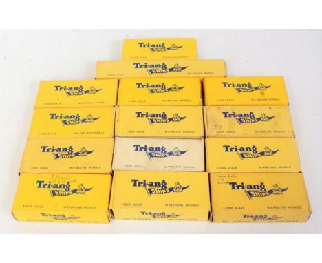 14 various boxed Triang Minic 1/1200 scale ships and dockyard accessories to include M840 warehouse, M716 Port Brisbane, M836