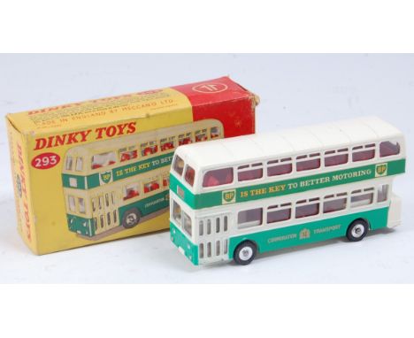 A Dinky Toys No. 293 Leyland Atlantian bus comprising white and green body with corporation transport and BP livery, spun hub