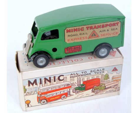 A Triang Minic post war tin plate and clockwork short bonnet shutter van, finished in green with black chassis and Minic tran