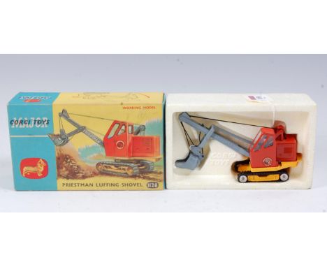A Corgi Toys No. 1128 Priestman Luffing Shovel comprising orange and yellow body with grey boom and black rubber tracks in th