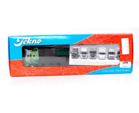 A Tekno 1/50 scale model of a Volvo FH12-420 Globetrotter tractor unit with 40' container semi trailer, finished with Johnson