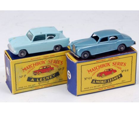 A Matchbox 1-75 Series boxed diecast group to include No. 7A Ford Anglia comprising light blue body with grey plastic wheels 