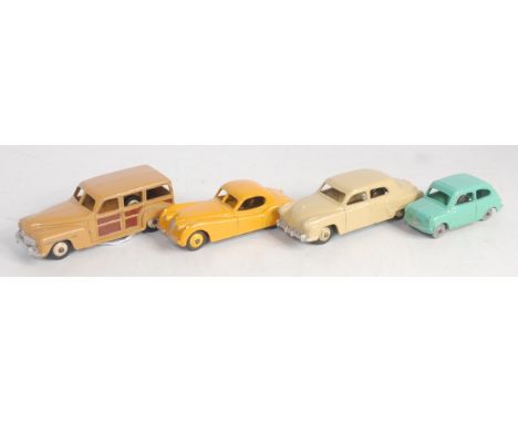 Four various playworn or repainted Dinky Toy diecast saloons to include No. 172 Studebaker Land Cruiser finished in beige wit