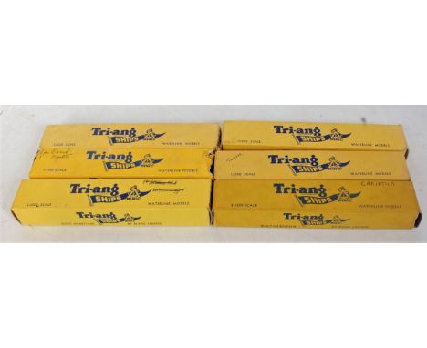 Six various boxed Triang Minic 1/1200 scale ships and dockyard accessories to include M753 RMS Saxoneer, and M706 SS Amsterda
