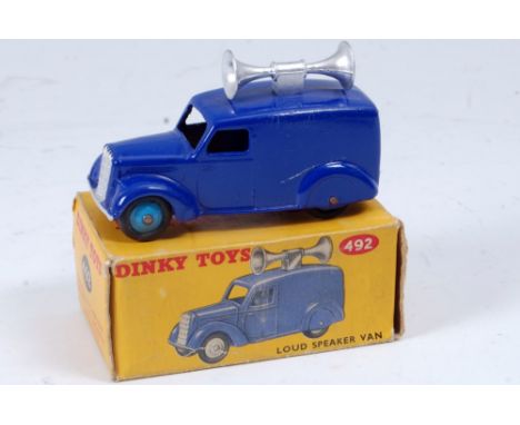A Dinky Toys No. 492 Loudspeaker van, comprising dark blue body with light blue hubs, and silver speaker to roof, in the orig