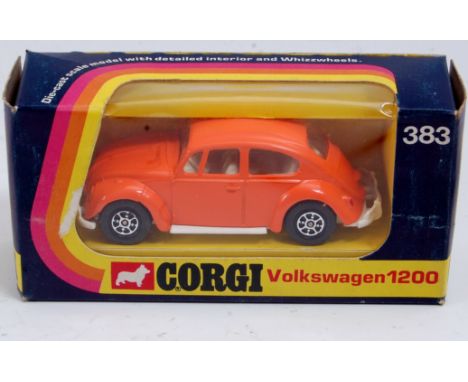 A Corgi Toys No. 383 Volkswagen 1200 comprising orange body with cream interior, with white base plate and Whizzwheels in the