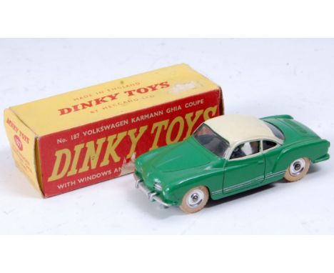 A Dinky Toys No. 187 Volkswagen Carman Ghia Coupe, comprising green body with white roof, spun hubs and white tyres, in the o