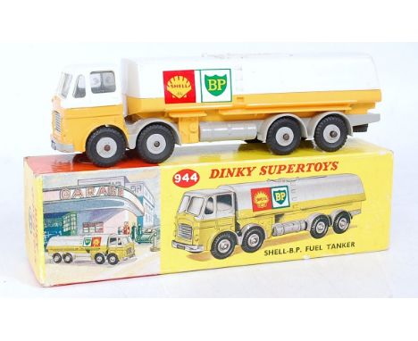 Dinky Toys No. 944 Shell BP fuel tanker, comprising of yellow and white body with yellow and white plastic tank with grey cha