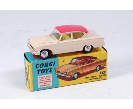 A Corgi Toys No. 234 Ford Consul Classic comprising light pink body and pink roof with yellow interior and spun hubs in the o