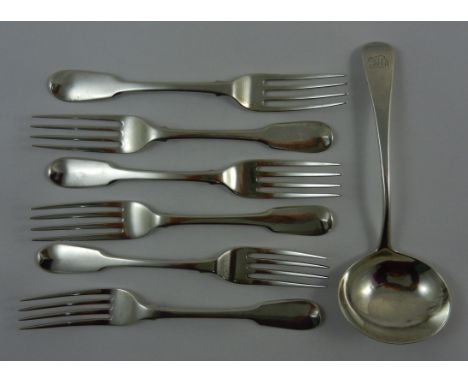 A set of six George III silver fiddle pattern dessert forks, London 1808 by William Eley, William Fearn and William Chawner, 