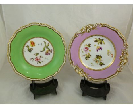 An H & R Daniel porcelain dessert plate, second gadroon shape, variation B, with pink border and hand painted with individual