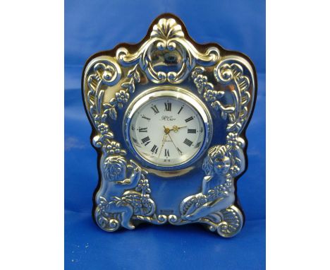 A modern silver mounted wooden cased clock, Sheffield 1995, 10.5cm high