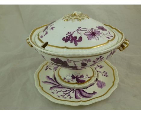 An H & R Daniel porcelain cream bowl, cover and stand, First Gadroon shape, with vine and fruit moulding around the handles a