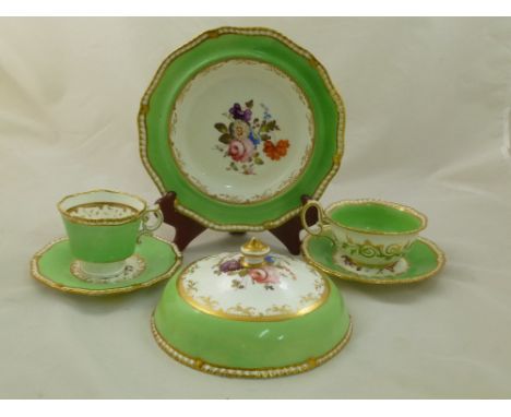 An H & R Daniel porcelain muffin dish and cover, First Gadroon shape with light green border and decorated with floral sprays