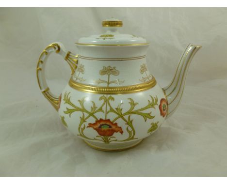 A MacIntyre JM & Co teapot, printed and painted with Art nouveau stylized poppy decoration and gilt detail, the base with fac