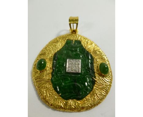 A carved jadeite panel, centrally set with a 16 stone diamond square cluster, within an 18 carat gold circular pendant mount,