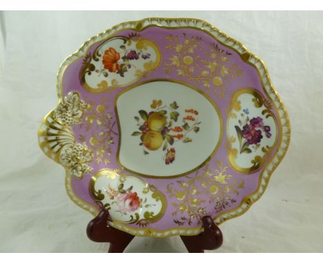 An H & R Daniel porcelain fruit dish, first gadroon shape, with pink border and hand painted floral sprigs, the centre decora