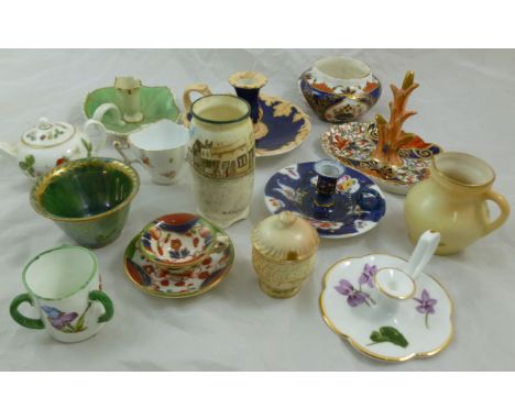 A collection of small porcelain items comprised of a Royal Crown Derby imari pattern bowl, a miniature imari pattern cup and 