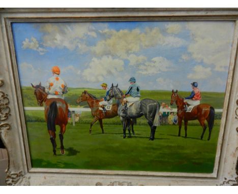 R L Harvey, horses and riders at Brighton racecourse, oil on board, titled en verso, signed lower left, 50cm x 64.5cm, housed