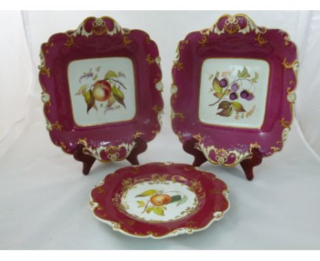 A pair of H & R Daniel porcelain bread and butter plates, Shell Border shape, with maroon borders, gilt detail and the centre