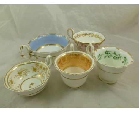 Five various H & R Daniel porcelain tea and coffee cups, comprised of a Savoy shape tea cup numbered 8837 in red, a second ga